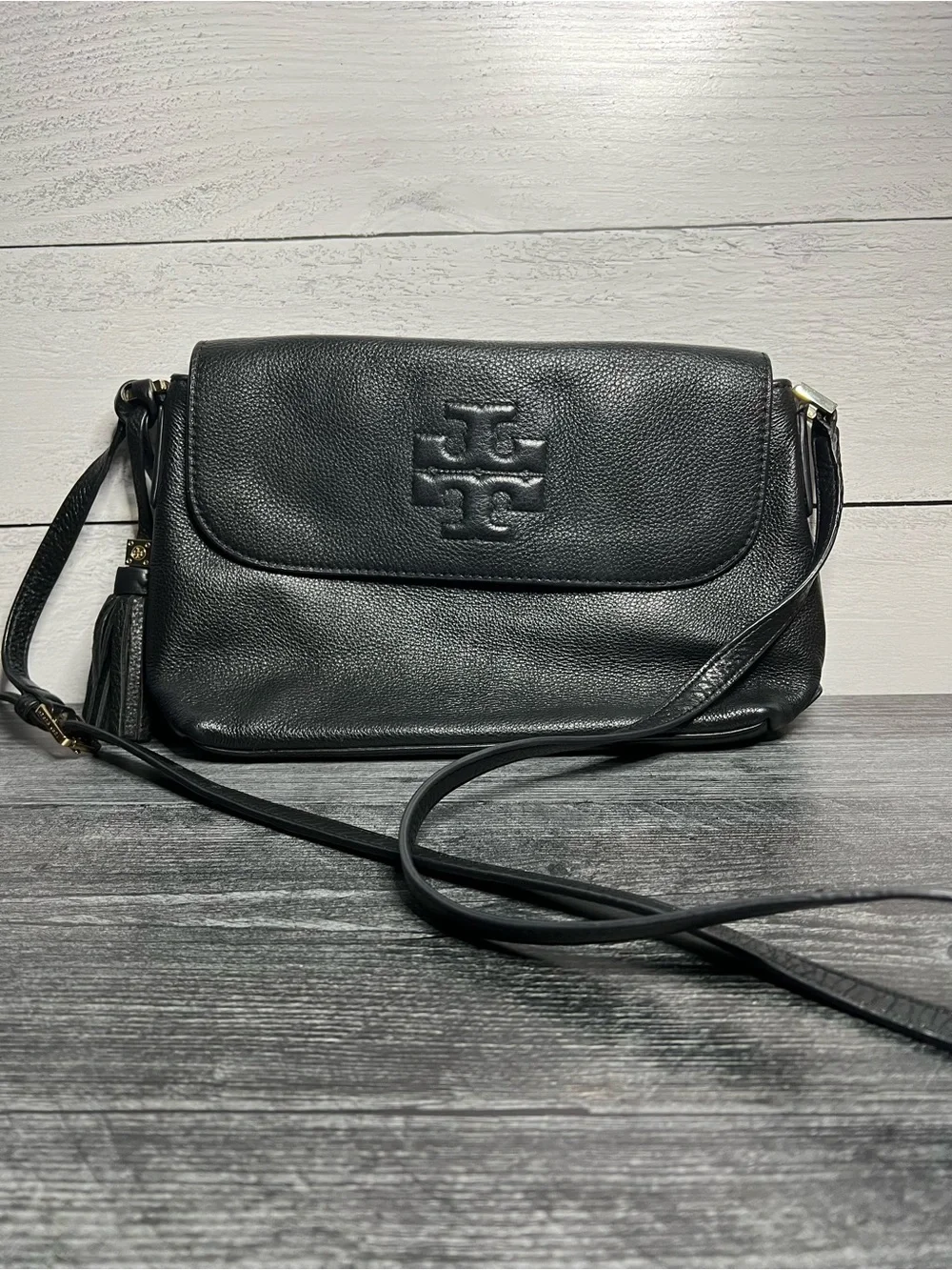 Tory Burch Black Pebbled Leather Logo Crossbody